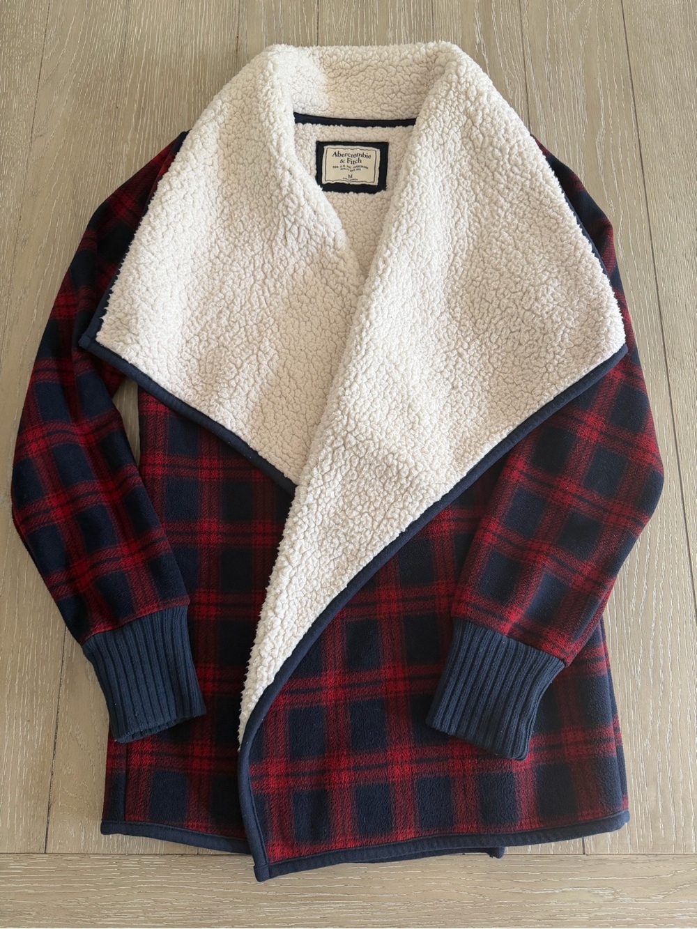 Abercrombie & Fitch Red and Navy Plaid Sherpa Jacket